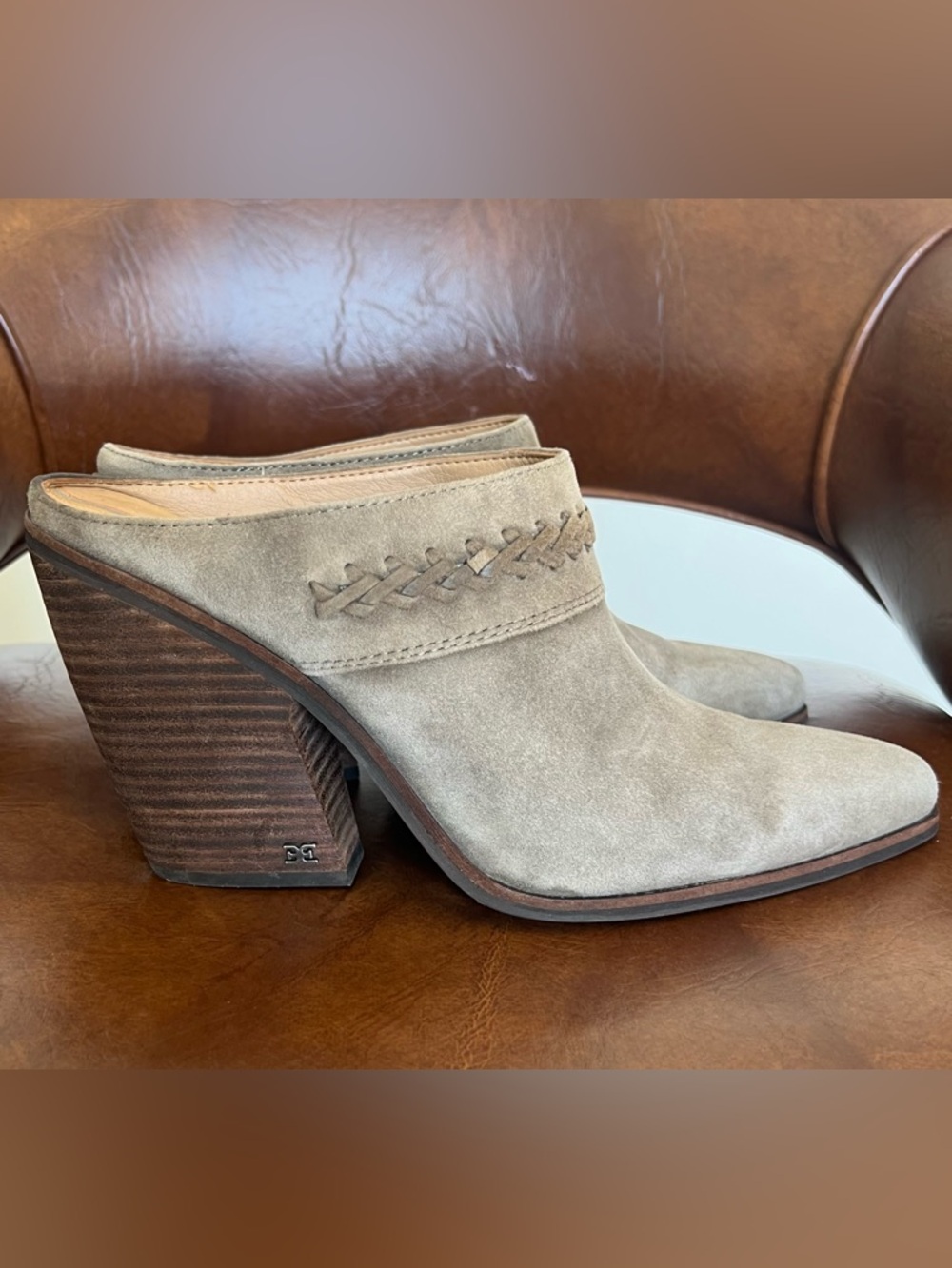 Sam Edelman Western Suede Alison Olive Block Heel Mule Size 10.5 M Eur 41.5